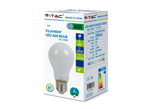 Lampada Led Con Filamento E27 A60 4W Caldo 2700K In Vetro Bianco 360 Gradi SKU-4489 V-Tac
