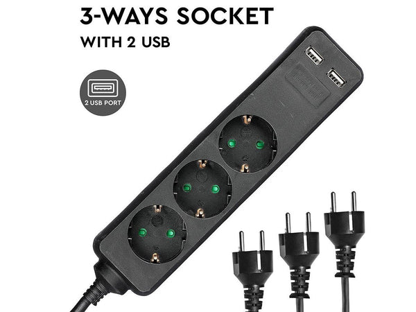 Multipresa Ciabatta Elettrica Con 2 USB e 3 Posti Schuko 10A Cavo Lunga 5 Metri Colore Nero 3X1.5 mmq SKU-8777 V-Tac
