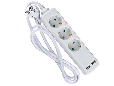 Multipresa Ciabatta Elettrica Con 2 USB e 3 Posti Schuko 10A Cavo Lungo 1,5 Metri Colore Bianco 3X1.5 mmq SKU-8774 V-Tac
