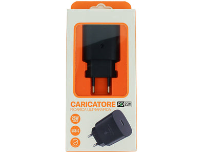 Caricatore USB C 25W Nero Caricabatterie PD Ricarica Ultra Rapida 5V 3A 9V 2,77A