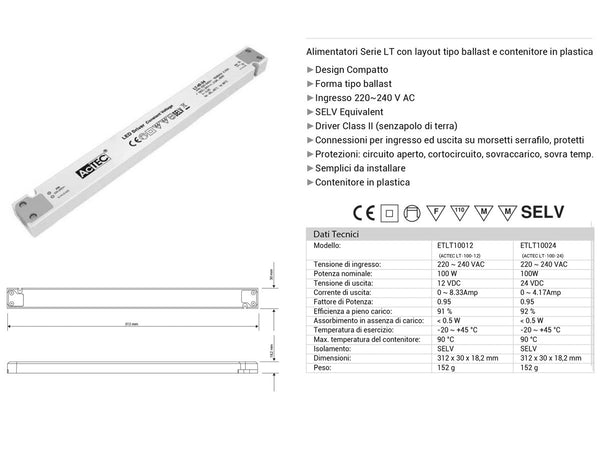Alimentatore Ultra Slim Sottile 100W 12V Trasformatore CV Per Striscia Led Profili Alluminio Ledlux