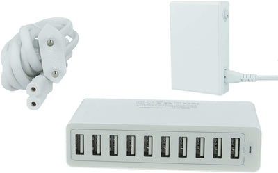 Alimentatore Caricabatterie USB da Muro 5V 10A 50W 10 Uscite Porte Smart Ricarica Intelligente Colore Bianco Con Cavo 1,6M