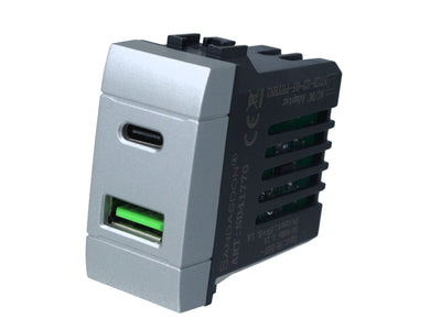 SANDASDON Modulo Presa Caricatore USB 2 Porte 3,1A USB-A + USB Type C Grigio Compatibile Con Bticino Living