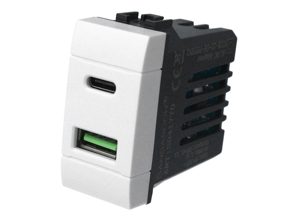 ETTROIT Modulo Presa Caricatore USB 2 Porte 3,1A USB-A + USB Type C Colore BIANCO Compatibile Con Bticino Living Light