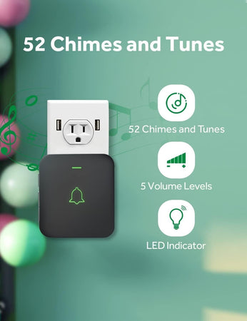 Campanello per porta wireless, mini, impermeabile, con 52 melodie, 5 livelli vol