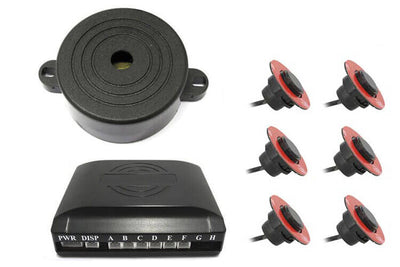 Kit 6 Sensori di Parcheggio OEM Posteriori Staccabile 16mm Slim Cicalino Acustico Regolabile Distanza Fresa Fustella Inclusa Eff
