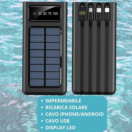 Power bank solare caricabatteria per cellulari e tablet da 50000mAh con cavi