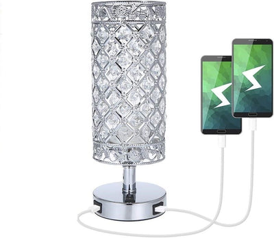 Lampada da tavolo con cristallo USB, lampada da comodino con porte di ricarica