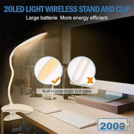 20LED Lampada da tavolo a clip, lampada da comodino wireless, 3 luminosità