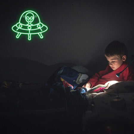 Insegna al neon aliena, insegne al neon verdi, navicella spaziale al neon a LED