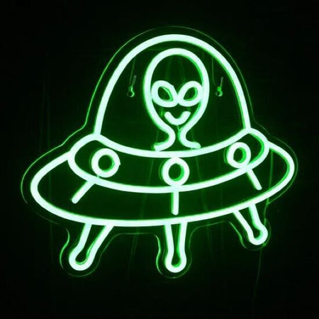 Insegna al neon aliena, insegne al neon verdi, navicella spaziale al neon a LED