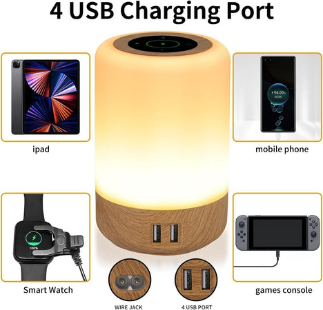 Luce Notturna, Lampada da Comodino Bambini 4 Porte di Ricarica USB, Touch RGB