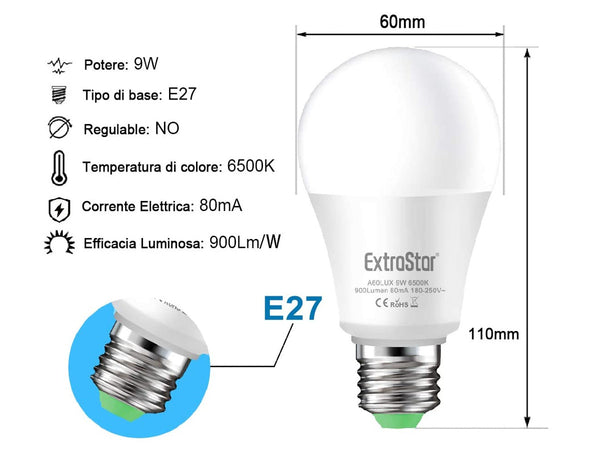 Lampada A Led E27 Con Sensore Crepuscolare 9W 900 Lumen A60 6500K Day Night Sensor Extrastar