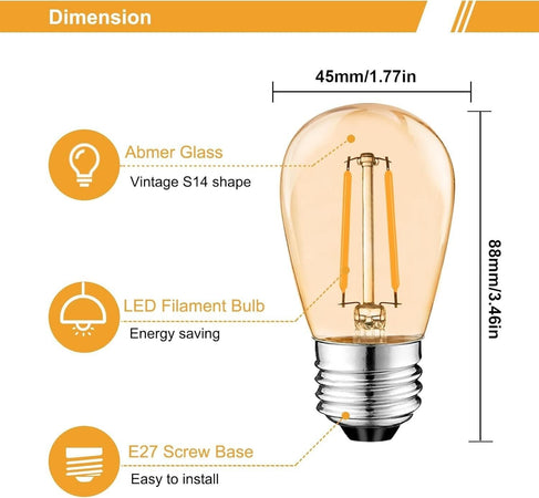 Lampadina LED Edison S14 E27, 2 W = 10 W, filamento vintage, vetro ambrato