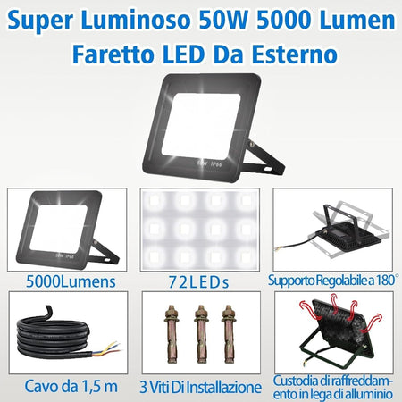 50W 5000 Lumen Faretto LED Da Esterno, 72LED Bianco Freddo Faro LED Esterno