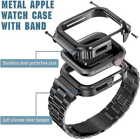 MioHHR Bande in metallo con custodia compatibile per Apple Watch Band 40/41/44/45/49 mm, custodia in acciaio inossidabile antiurto e banda di ricambio con custodia protettiva per iWatch Ultra Series 8/7/6/5/4/SE.
