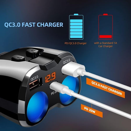 Caricatore USB C da Auto Sdoppiatore Accendisigari QC 3.0, 150 W Con Doppio