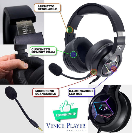 Venice Cuffie da Gaming Con Filo E Microfono Staccabile Con Controllo Del Volume