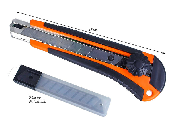 Taglierino Cutter Professionale 18mm + 5 Lama di Ricambio Con Anello Di Fissaggio Ledlux
