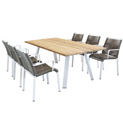 SALTUS - set tavolo in alluminio e teak cm 200x100x74 h con 6 sedute Bianco Milani Home