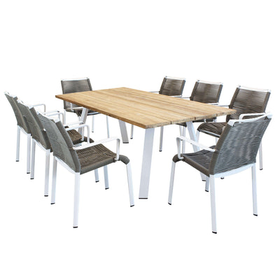 SALTUS - set tavolo in alluminio e teak cm 200x100x74 h con 8 sedute Bianco