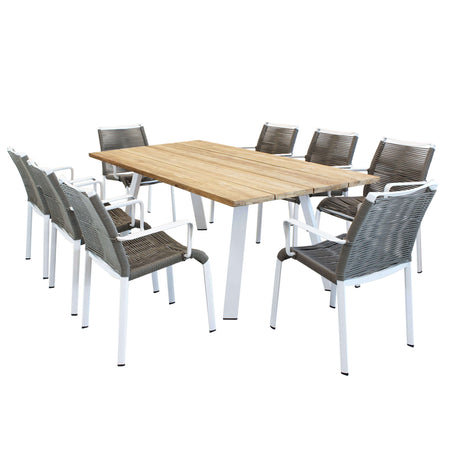 SALTUS - set tavolo in alluminio e teak cm 200x100x74 h con 8 sedute Bianco Milani Home