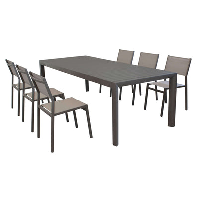 EQUITATUS - set tavolo in alluminio cm 180/240x100x75 h con 6 sedute Taupe Milani Home