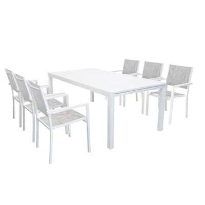 DEXTER - set tavolo da giardino allungabile 200/300x100 compreso di 6 poltrone in alluminio Bianco