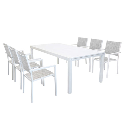 DEXTER - set tavolo da giardino allungabile 200/300x100 compreso di 6 poltrone in alluminio Bianco Milani Home