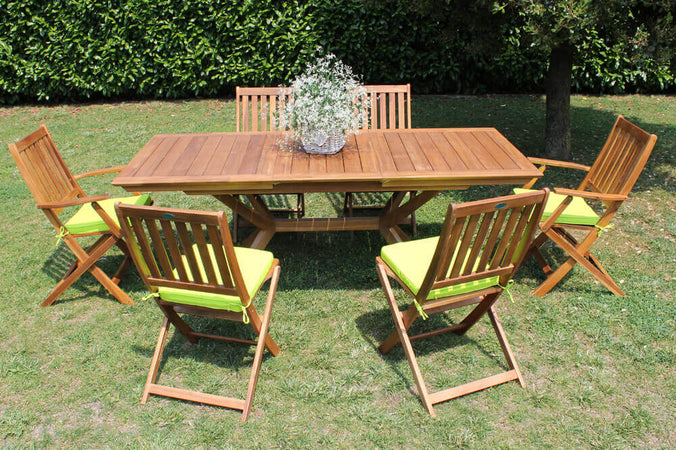 CAESAR - set tavolo da giardino allungabile 150/200x90 compreso di 6 sedie e 2 poltrone in legno massiccio di acacia Marrone