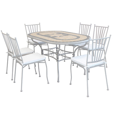 VENTUS - set tavolo da giardino con piano in mosaico 160x90 compreso di 6 sedie in ferro Tortora Milani Home