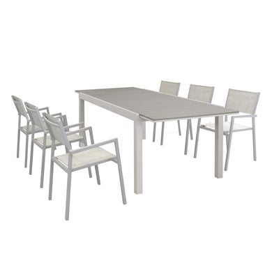 TRIUMPHUS - set tavolo da giardino allungabile 180/240x100 compreso di 6 poltrone in alluminio e polywood Tortora Milani Home