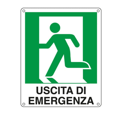 Cartello segnalatore - 25x31 cm - USCITA DI EMERGENZA (sinistra) - alluminio - Cartelli Segnalatori Fai da te/Sicurezza e protezione/Attrezzature per sicurezza sul lavoro/Segnaletica antinfortunistica Eurocartuccia - Pavullo, Commerciovirtuoso.it