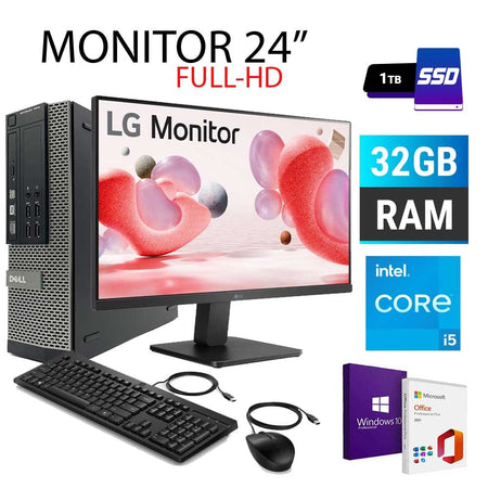 PC Computer COMPLETO RICONDIZIONATO DELL 7010 Core i5 Ram 32GB SSD 1TB MONITOR 24" LG WINDOWS 10 PRO + OFFICE 2021