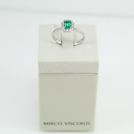 Anello donna classico Mirco Visconti in oro bianco con smeraldo ottagonale e diamanti