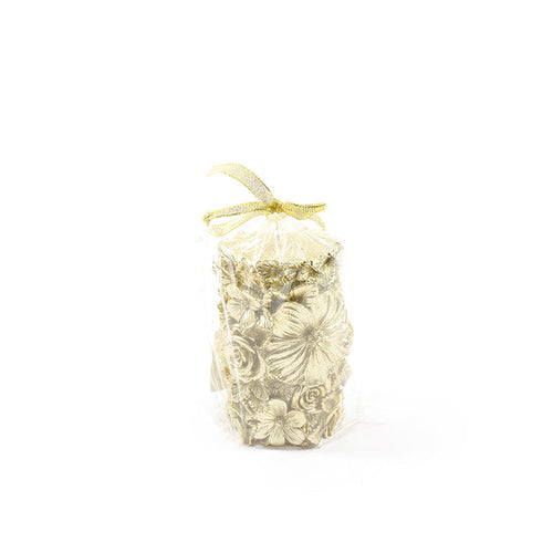 Candela cilindrica dorata decorata  con fiori Flowers decorazione natalizia Casa e cucina/Decorazioni per interni/Candele e portacandele/Candele/Candele a colonna MagiediNatale.it - Altamura, Commerciovirtuoso.it