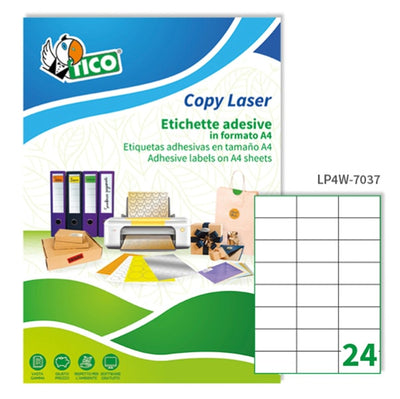 Etichetta adesiva LP4W - permanente - 70x37 mm - 24 etichette per foglio - bianco - Tico - conf. 100 fogli A4 Cancelleria e prodotti per ufficio/Archivio ufficio e accessori per scrivania/Etichette divisori per schedario e timbri/Etichette ed etichette adesive/Etichette per stampanti Eurocartuccia - Pavullo, Commerciovirtuoso.it