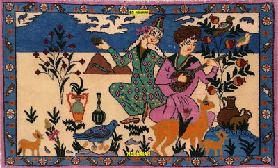 Tappeto Arazzo Poshti Bukara Mashad D'epoca Persia 97x58 - Geometrie Classiche Beige Azzurro