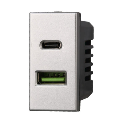 ETTROIT Modulo Presa Caricatore USB 2 Porte 3,1A USB-A + USB Type C Colore Grigio Compatibile Con Bticino Axolute