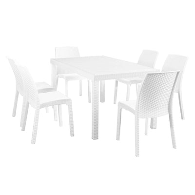 CALIGOLA - set tavolo fisso in wicker cm 150x90 compreso di 6 sedute Bianco Milani Home