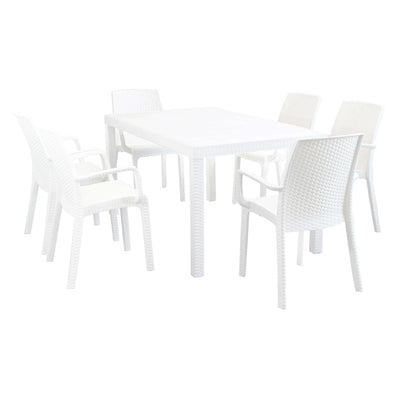 CALIGOLA - set tavolo fisso in wicker cm 150x90 compreso di 6 sedute Bianco