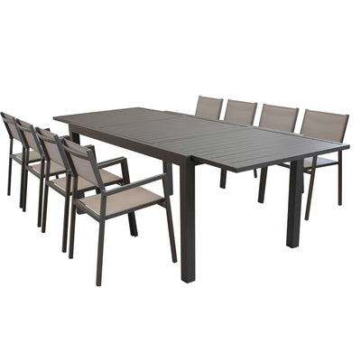DEXTER - set tavolo 200/300x100 struttura e piano in alluminio compreso di 8 sedute Taupe
