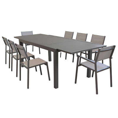 DEXTER - set tavolo 200/300x100 struttura e piano in alluminio compreso di 8 sedute Taupe Milani Home