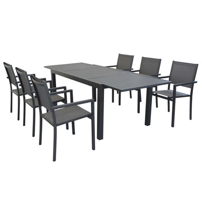 DEXTER - set tavolo da giardino allungabile in alluminio 160/240x90 compreso di 6 poltrone in alluminio e textilene Antracite Milani Home