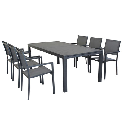 DEXTER - set tavolo da giardino allungabile in alluminio 200/300x100 compreso di 6 poltrone in alluminio e textilene Antracite Milani Home