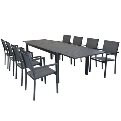 DEXTER - set tavolo da giardino allungabile in alluminio 200/300x100 compreso di 8 poltrone in alluminio e textilene Antracite Milani Home