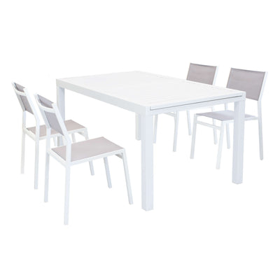 DEXTER - set tavolo giardino rettangolare allungabile 160/240x90 con 4 sedie in alluminio bianco e textilene da esterno Bianco Milani Home