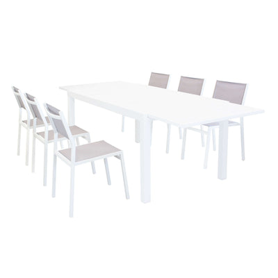 DEXTER - set tavolo giardino rettangolare allungabile 160/240x90 con 6 sedie in alluminio bianco e textilene da esterno Bianco Milani Home