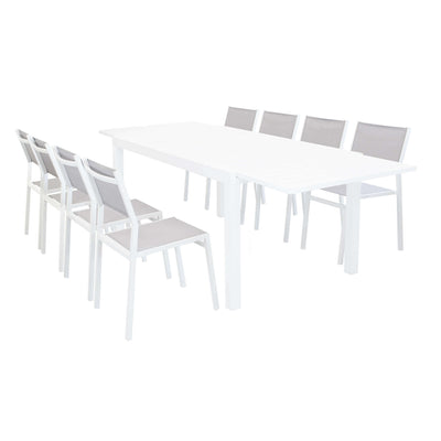 DEXTER - set tavolo giardino rettangolare allungabile 160/240x90 con 8 sedie in alluminio bianco e textilene da esterno Bianco Milani Home