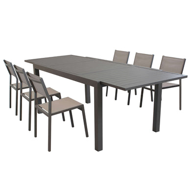 DEXTER - set tavolo giardino rettangolare allungabile 160/240x90 con 6 sedie in alluminio e textilene taupe da esterno Taupe Milani Home